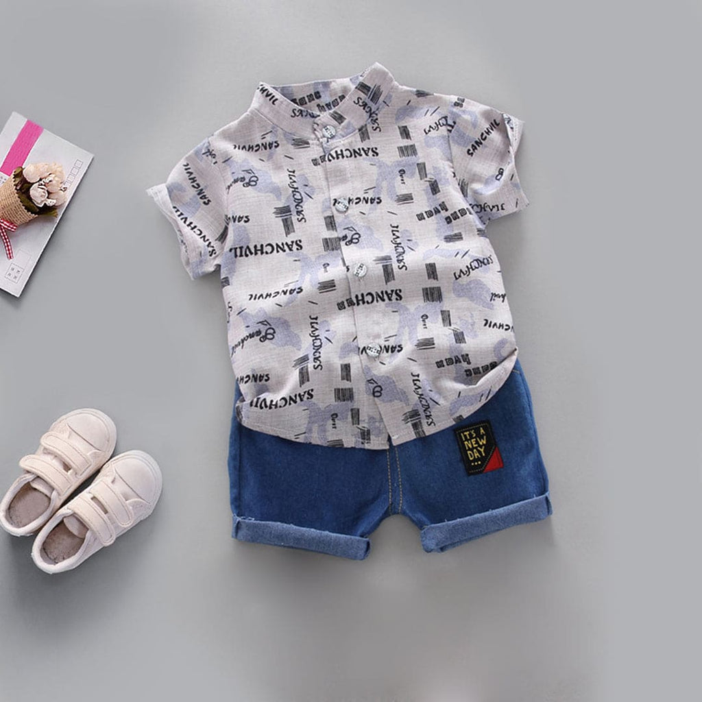 Boys Mandarin Collar Printed Shirt with Knitted Shorts