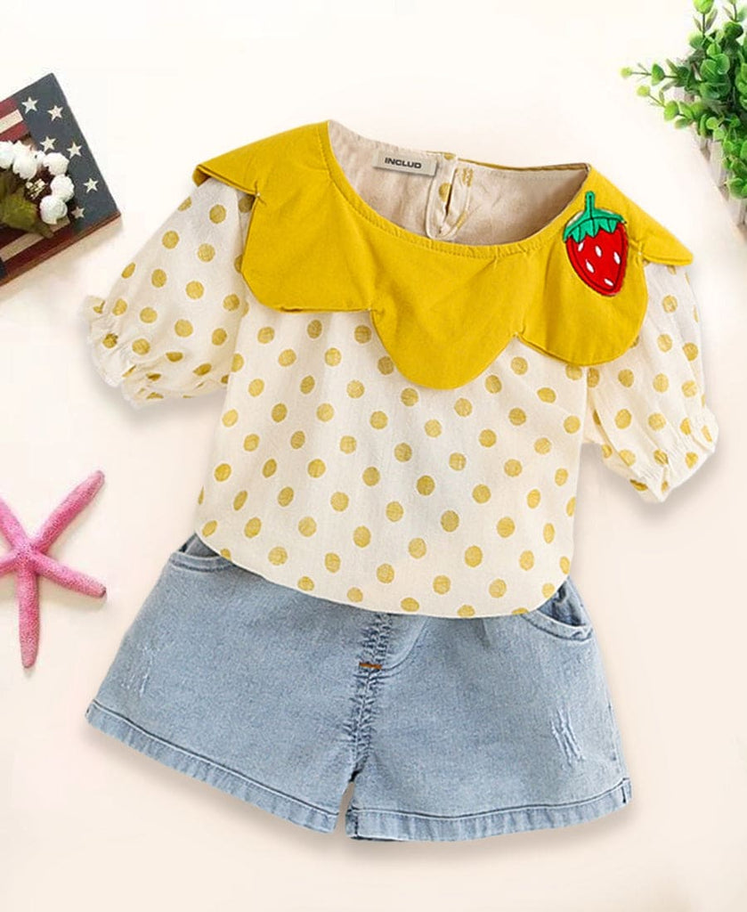 Girls Polka Dot Top with Denim Shorts Sets Yellow 1-2 Y 