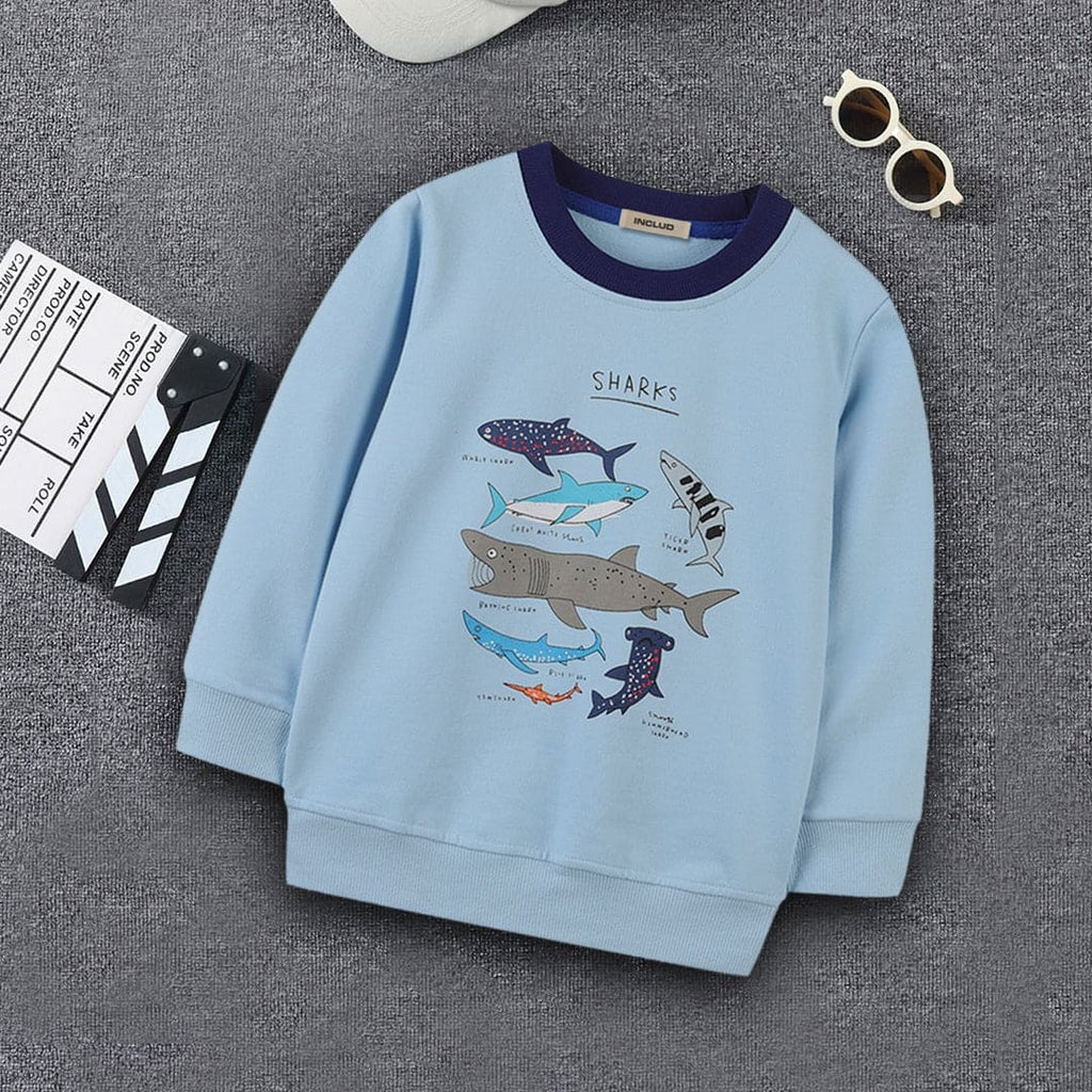 Boys Shark Print Full Sleeves Sweatshirt Sweatshirts & Hoodies Sky Blue 1-2 Y 