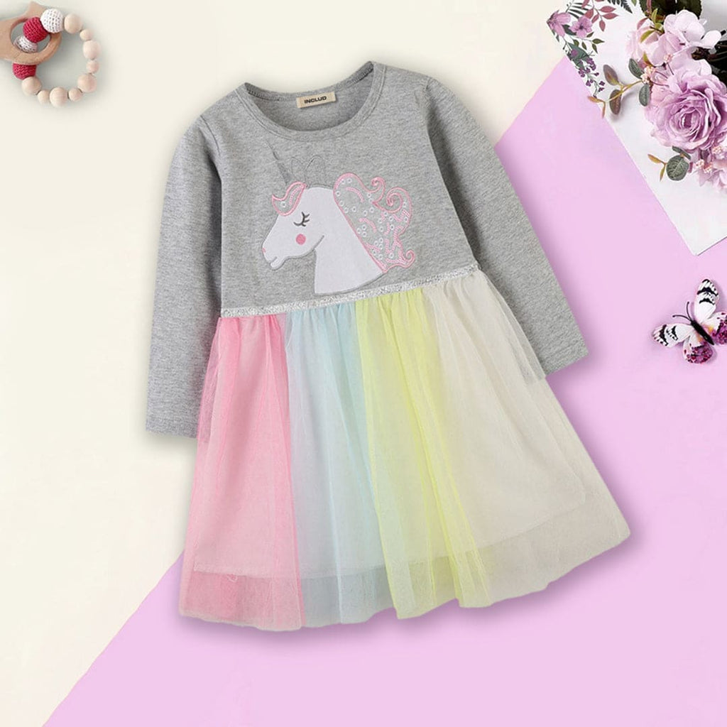 Girls Unicorn Patch Rainbow Tulle Dress