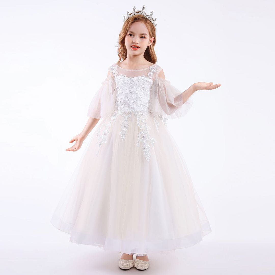 Girls Princess Lace Tulle Gown Casual Dresses White 6-7 Y 