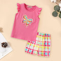 Girls Butterfly Applique T-shirt & Checkered Shorts Set Sets Pink 1-2 Y 