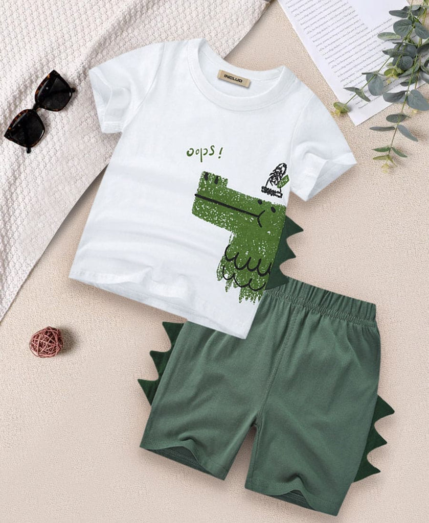 Boys Dinosaur Print T-shirt with Shorts Set Sets White 1-2 Y 