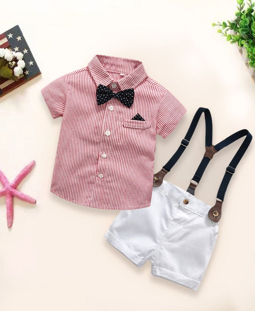 Boys Party Wear Stripe Print Shirt Solid White Short With Bow Clothing Sets