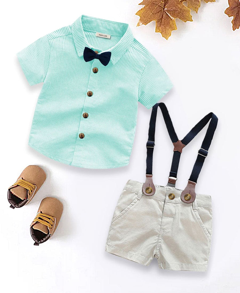 Boys Pinstripe Shirt with Bow and Shorts with Suspender Sets Green 1-2 Y 