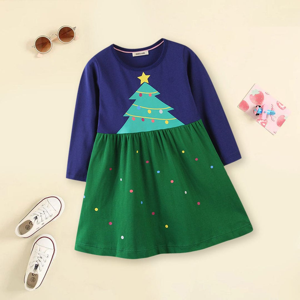 Girls Christmas Tree Print Dress