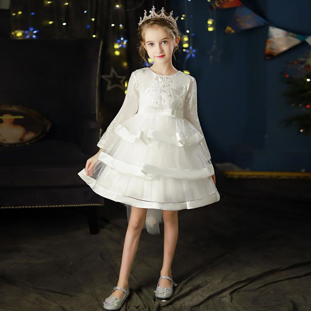 Girls Embroidered Full Sleeves Tiered Dress