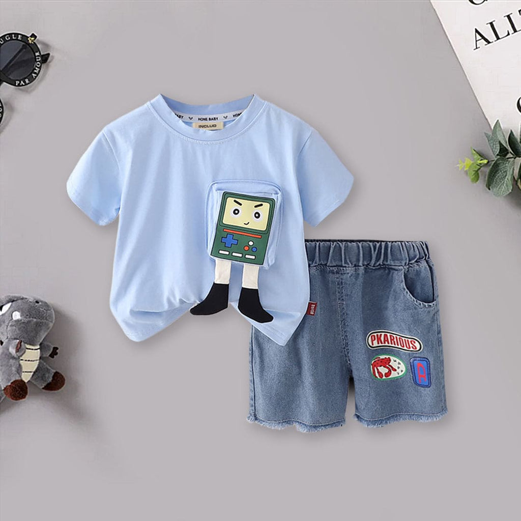 Boys Patch Pocket T-shirt with Denim Shorts Set Sets Light Blue 1-2 Y 