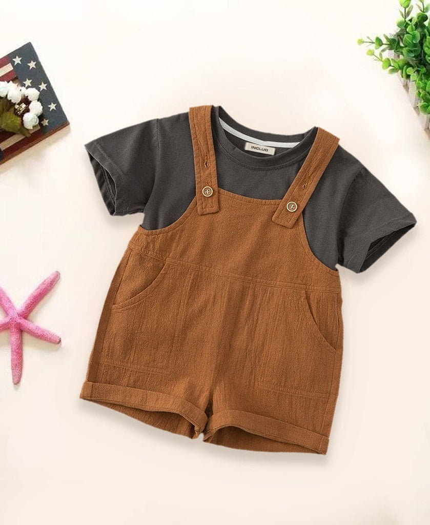 Boys Short Sleeves T-shirt with Dungaree Set Sets Brown 1-2 Y 