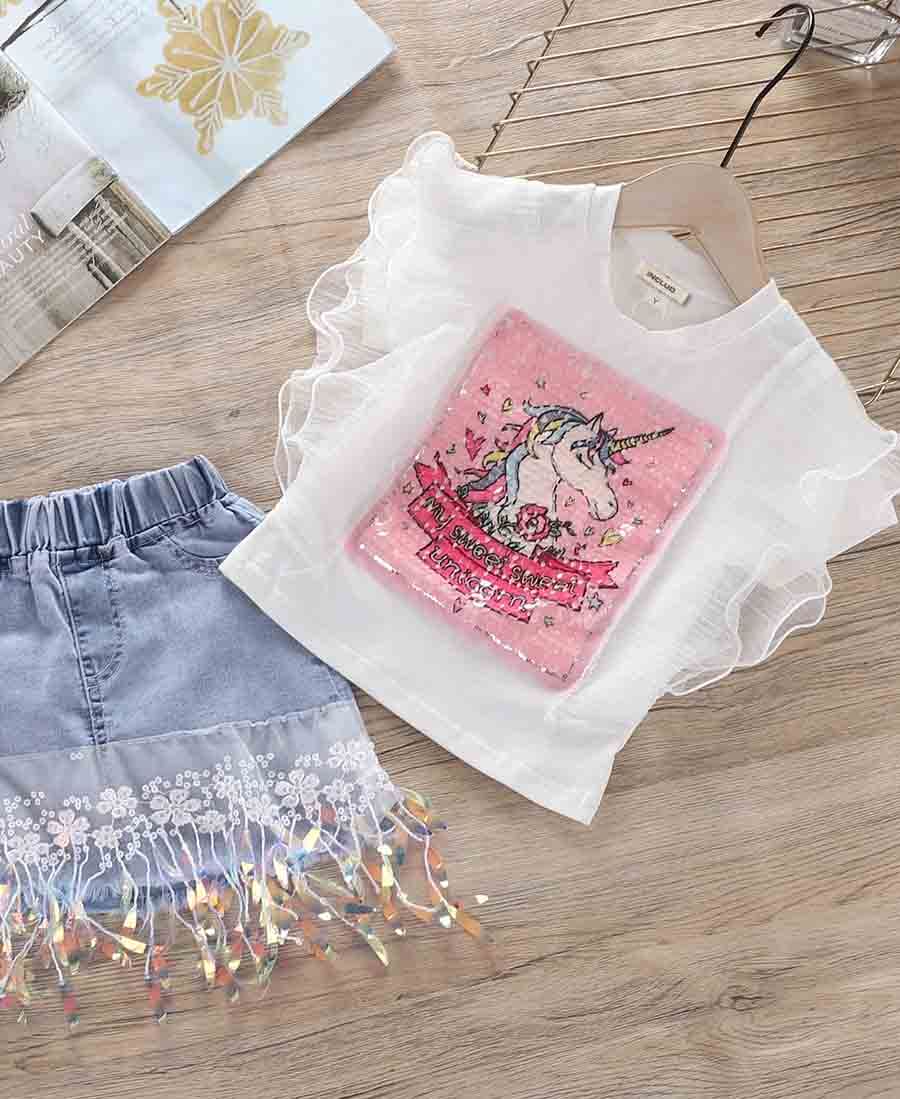 Girls Unicorn Print T-shirt with Denim Skirt Sets   
