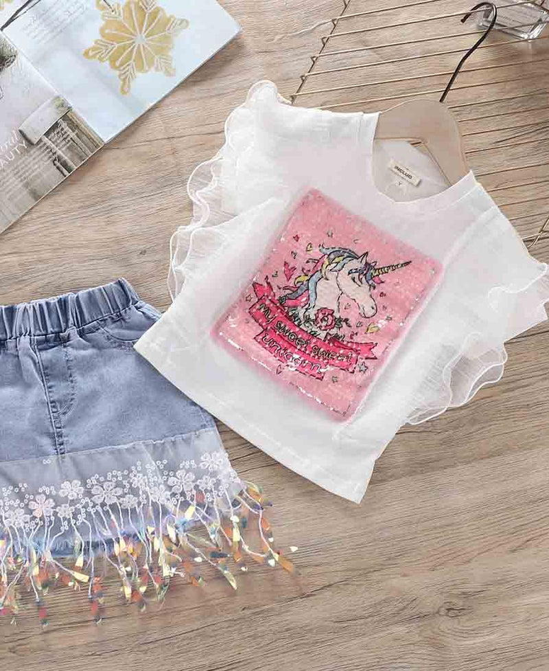 Girls Unicorn Print T-shirt with Denim Skirt Sets   