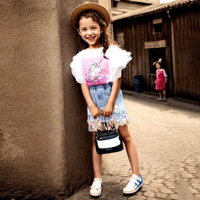 Girls Unicorn Print T-shirt with Denim Skirt