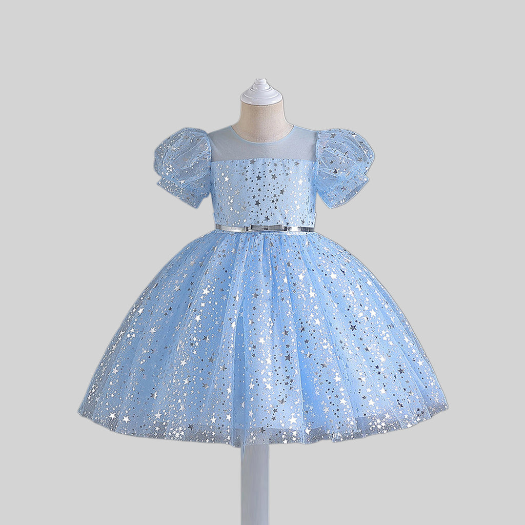 Girls Star Foil Print Fit & Flare Dress Party Dresses Sky Blue 6-7 Y 