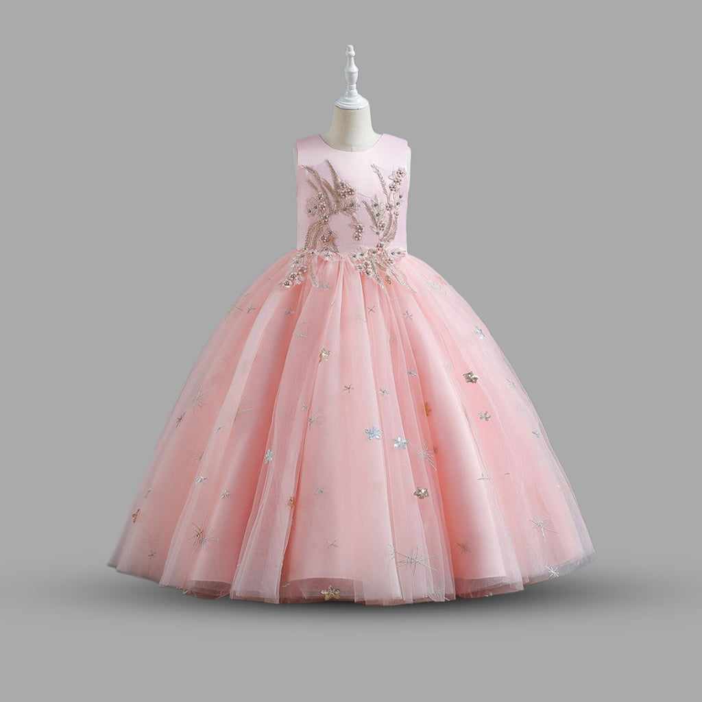 Girls Flower Embellished Tulle Party Gown