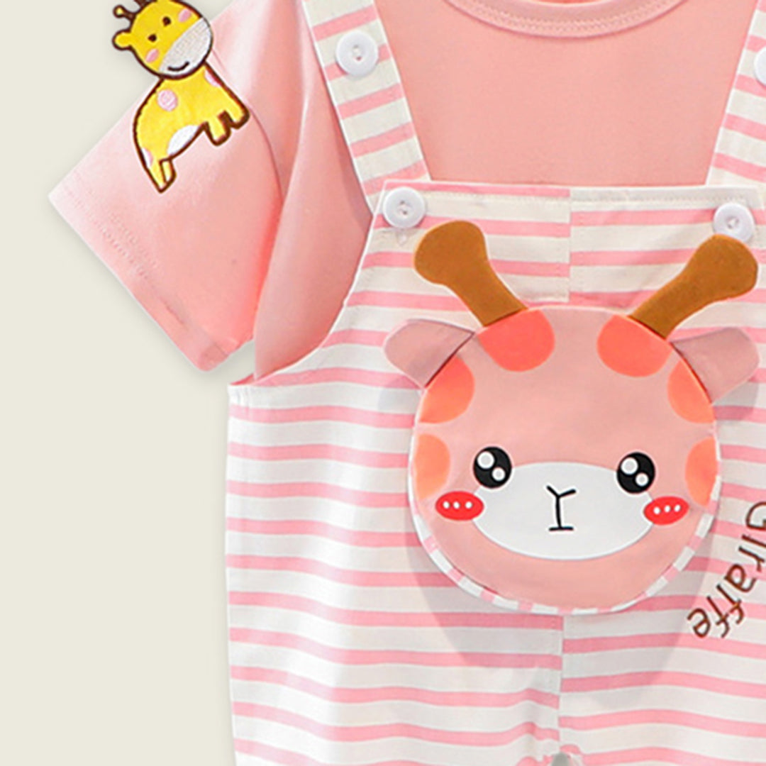 Boys Short Sleeve T-Shirts With Giraffe Applique Dungaree Sets   