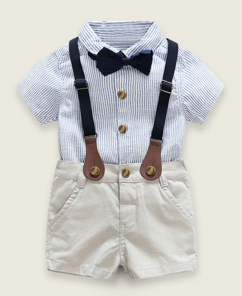 Boys Pinstripe Shirt with Bow and Shorts with Suspender Sets Blue 1-2 Y 