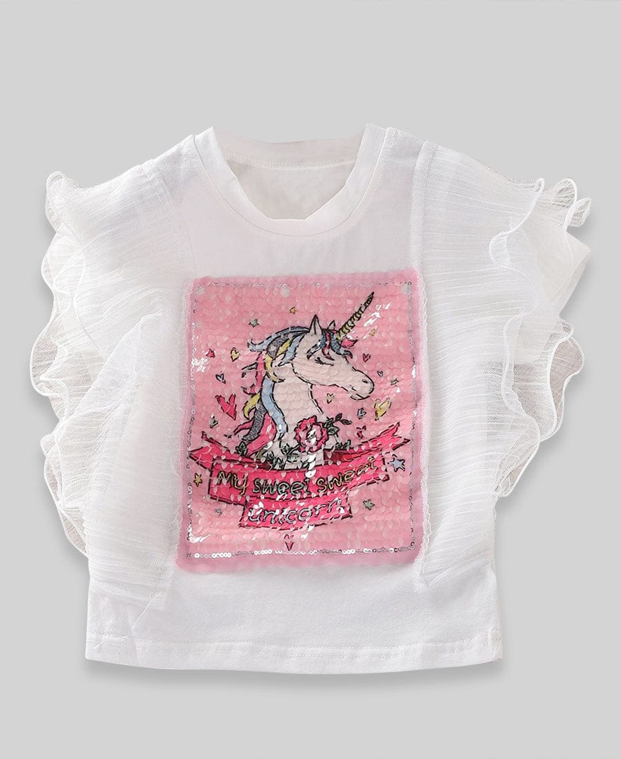 Girls Unicorn Print T-shirt with Denim Skirt Sets   