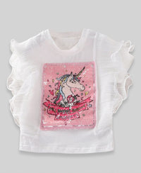 Girls Unicorn Print T-shirt with Denim Skirt Sets   