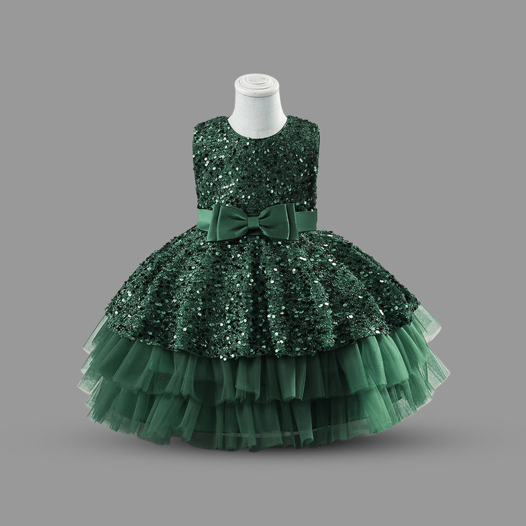 Girls Balloon Shape Sequin Party Wear Dress With Bow