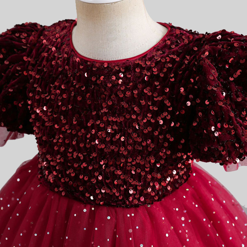 Girls Sequins Embellished Puff Sleeves Party Dress Party Dresses   