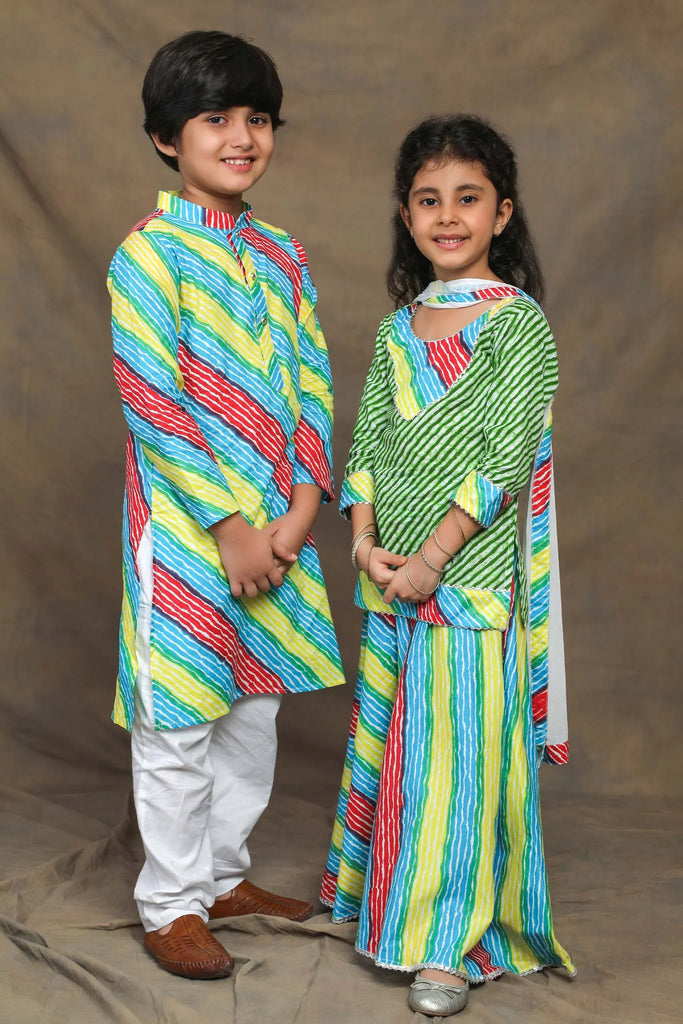 Multicolor Leheriya Printed Kurta-Pyjama & Lehenga-Choli Siblings Set Siblings Set Multicolor 3-4 Y 3-4 Y