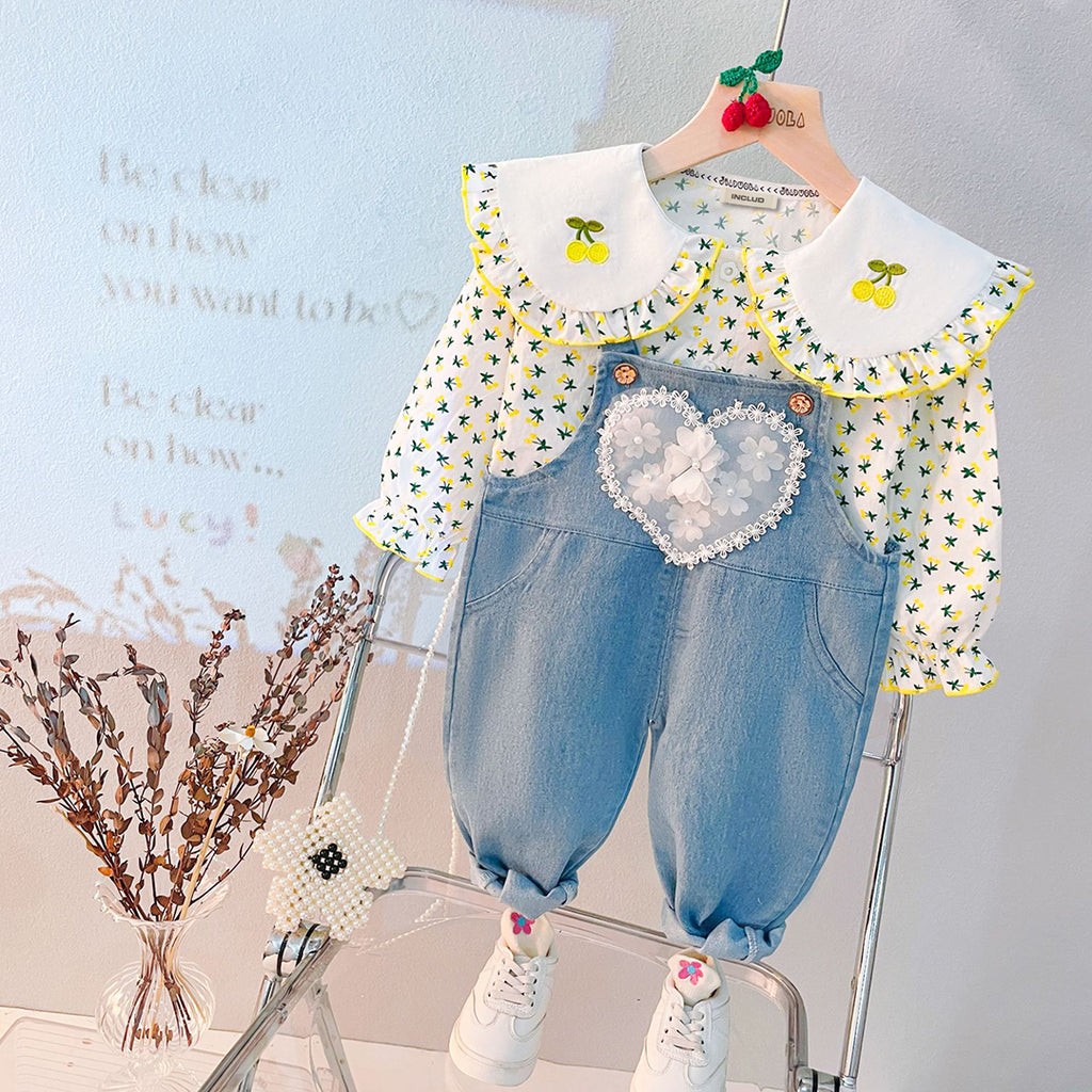 Girls Long Sleeve Floral Print Top With Denim Dungaree