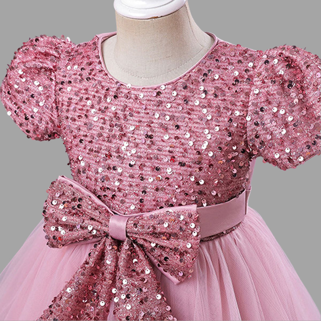 Girls Short Sleeve Sequin Bow Party Dress Party Dresses   