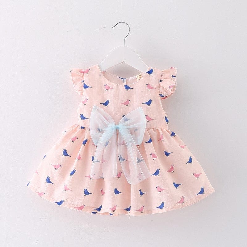 Girls Bird Print Dress with Bow Casual Dresses Pink 1-2 Y 