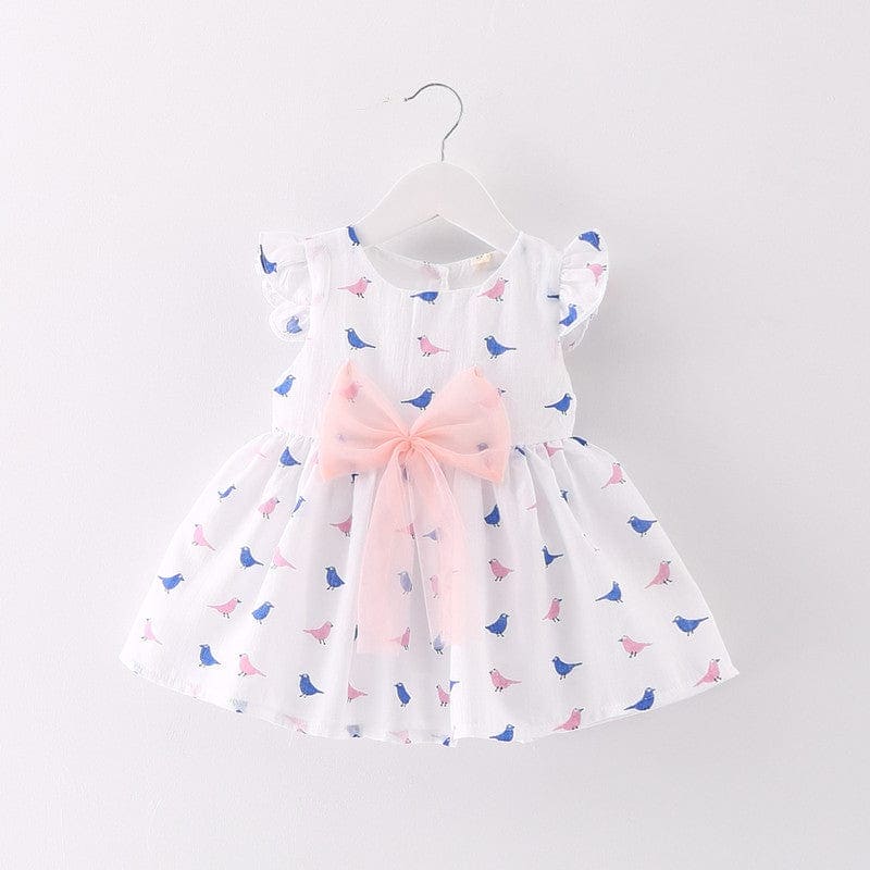 Girls Bird Print Dress with Bow Casual Dresses White 1-2 Y 