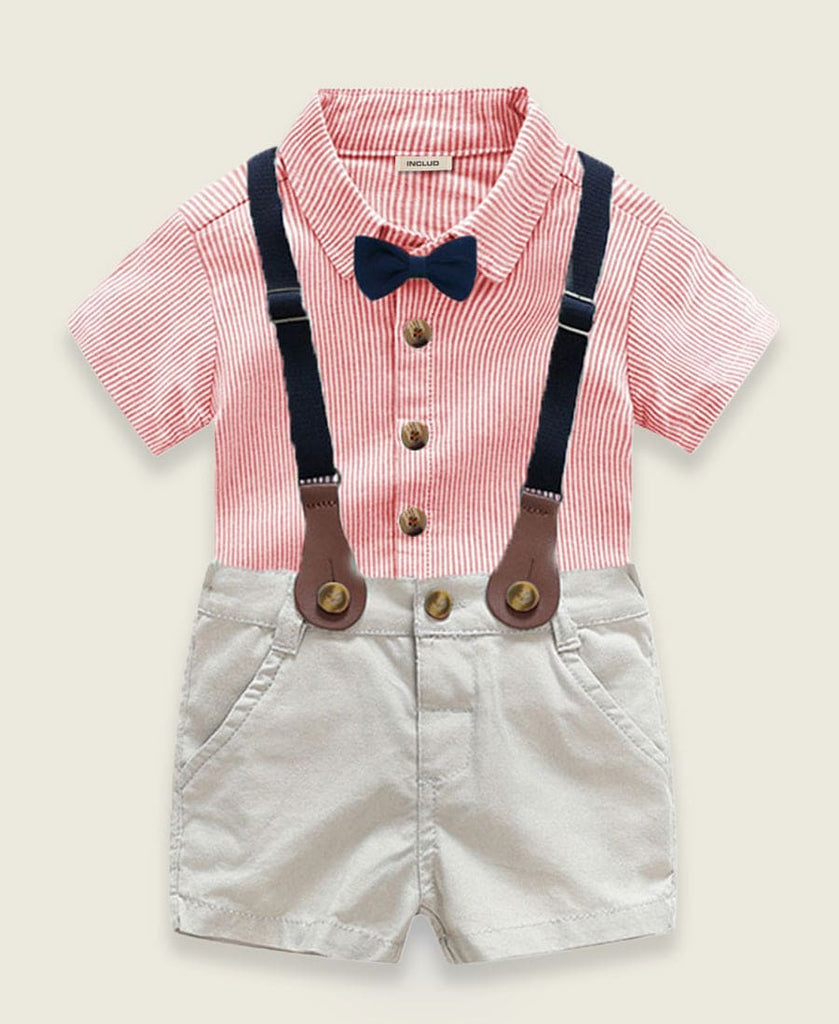 Boys Pinstripe Shirt with Bow and Shorts with Suspender Sets Pink 1-2 Y 