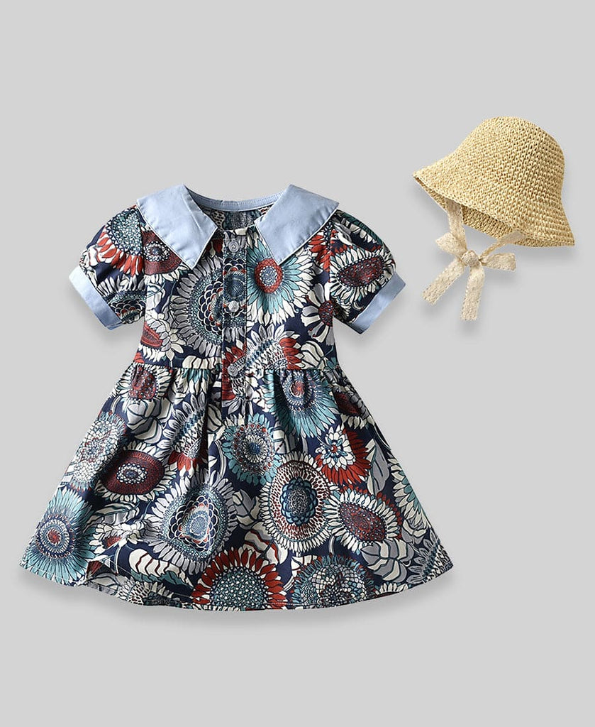 Girls Floral Printed Fit & Flare Dress with Hat