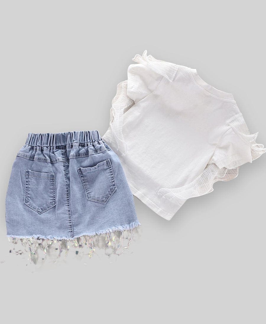 Girls Unicorn Print T-shirt with Denim Skirt Sets   