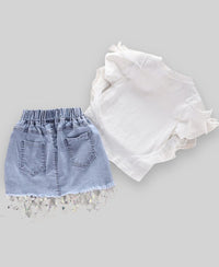Girls Unicorn Print T-shirt with Denim Skirt Sets   