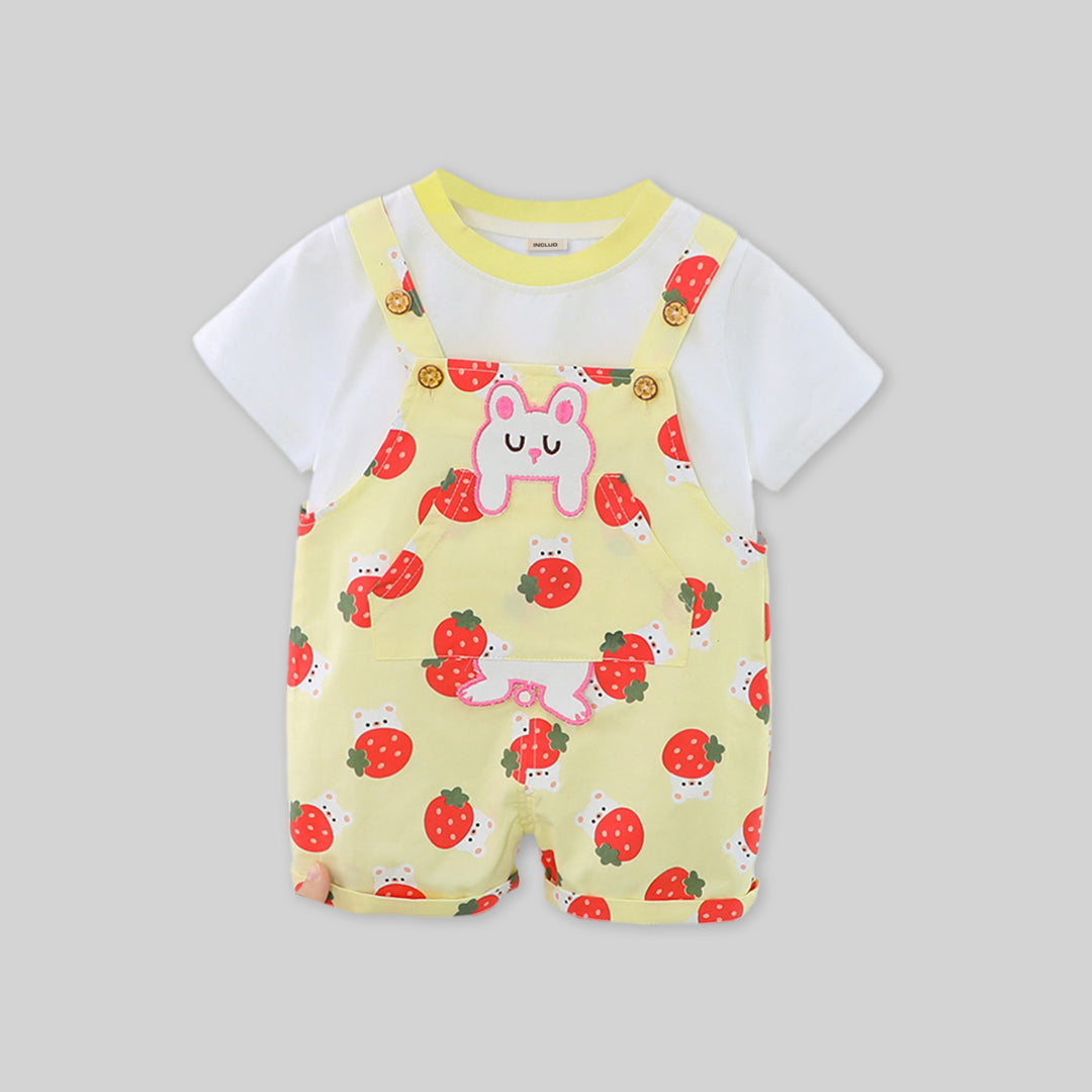 Girls Short Sleeve T-Shirt With Strawberry Printed Dungaree Sets   