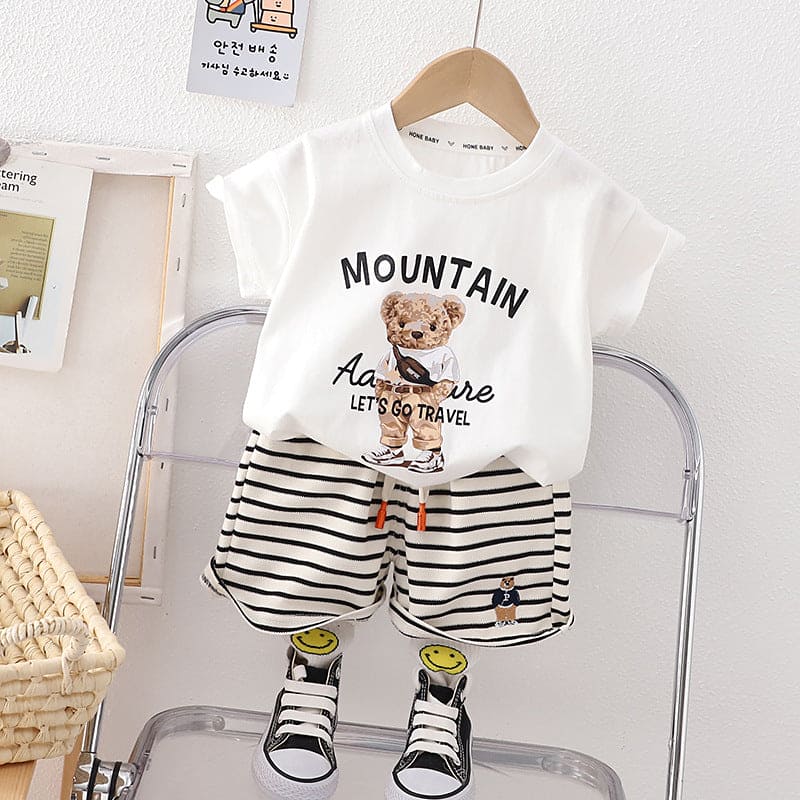 Boys Bear Printed T-Shirt & Striped Shorts Sets White 1-2 Y 