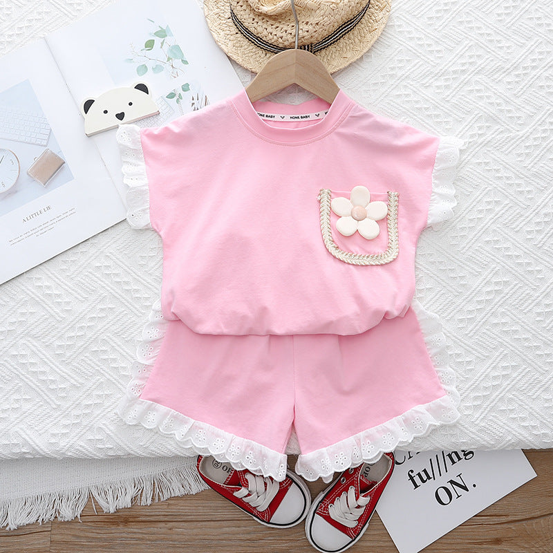 Girls Flower Applique Top with Shorts Set