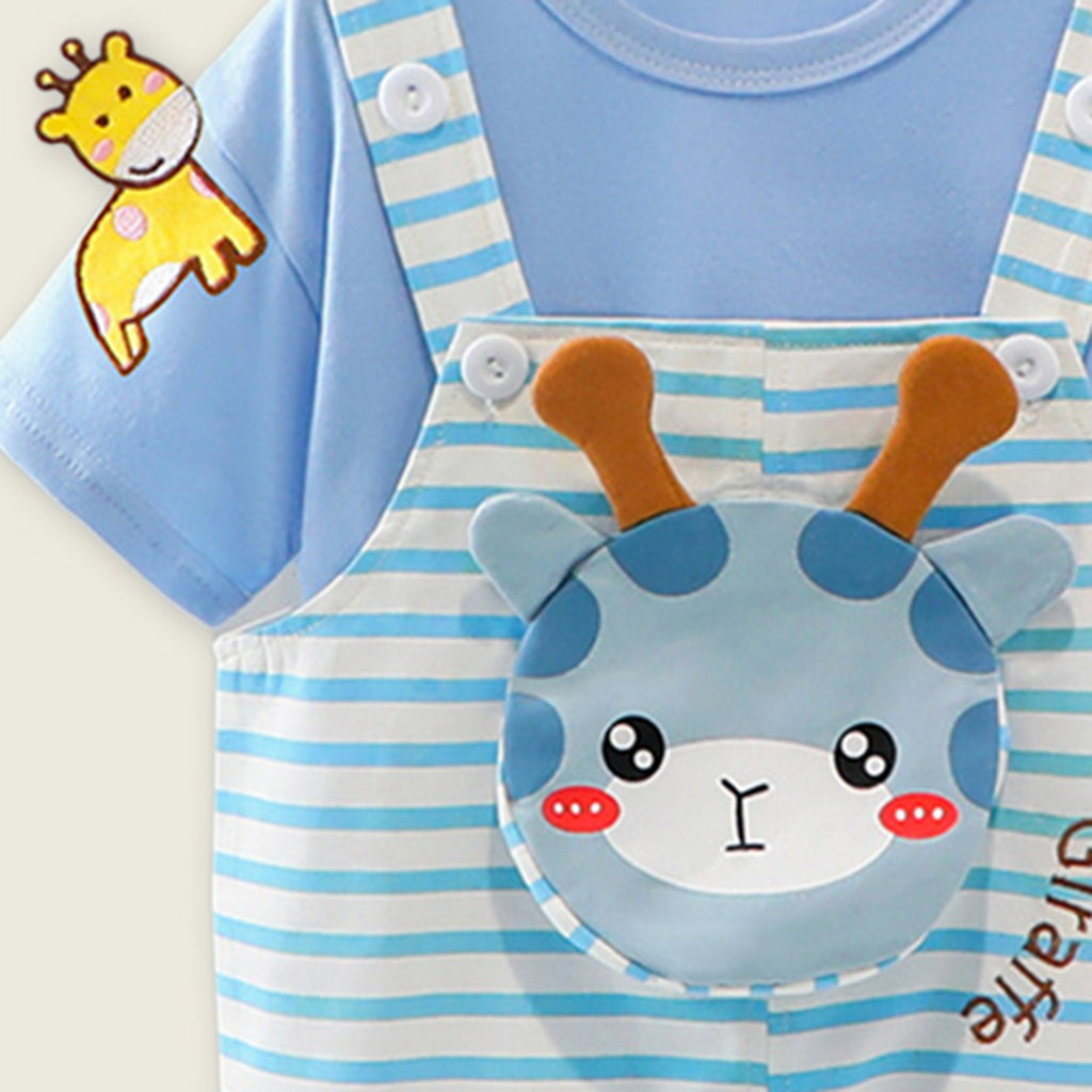 Boys Short Sleeve T-Shirts With Giraffe Applique Dungaree Sets   