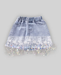 Girls Unicorn Print T-shirt with Denim Skirt Sets   