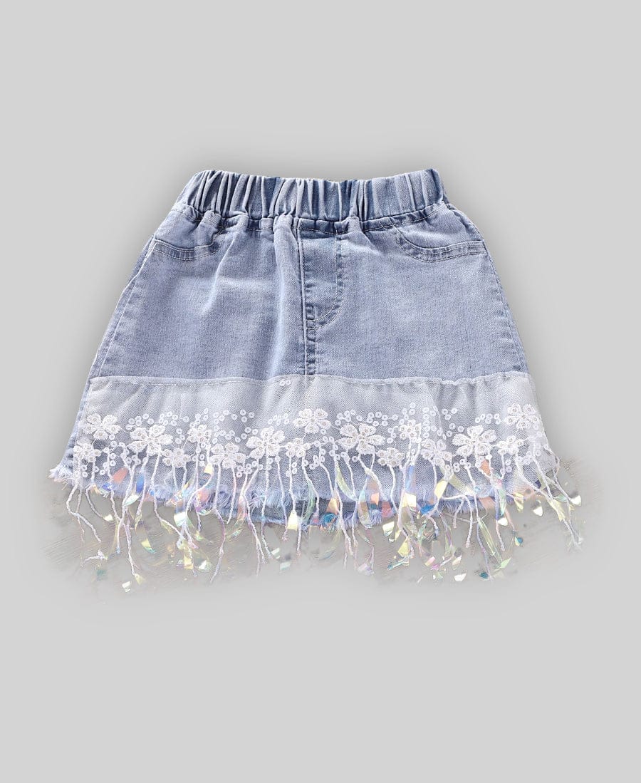 Girls Unicorn Print T-shirt with Denim Skirt Sets   