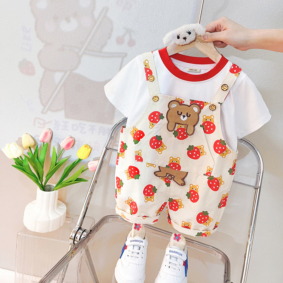 Girls Short Sleeve T-Shirt With Strawberry Printed Dungaree Sets Off White 1-2 Y 