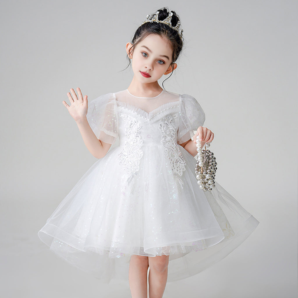 Girls Lace Applique Printed Party Wear Dress