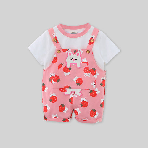 Girls Short Sleeve T-Shirt With Strawberry Printed Dungaree Sets   