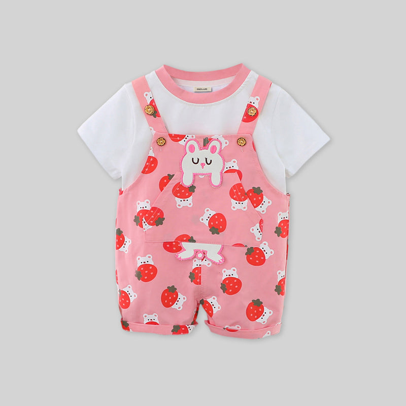 Girls Short Sleeve T-Shirt With Strawberry Printed Dungaree Sets   