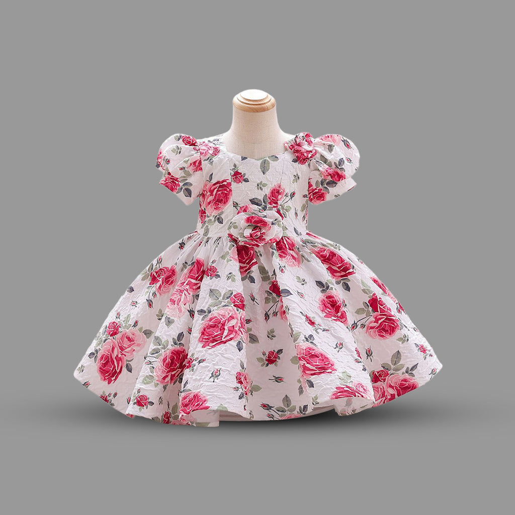Girls Puff Sleeve Floral Printed Party Wear Dress