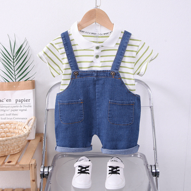 Boys Polo Striped T-Shirt With Denim Dungaree