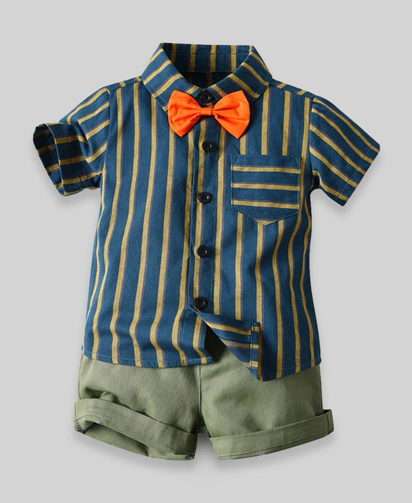 Boys Party Wear Strip Shirt Solid Short With Bow Clothing Sets