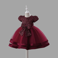 Girls Short Sleeve Sequin Bow Party Dress Party Dresses   