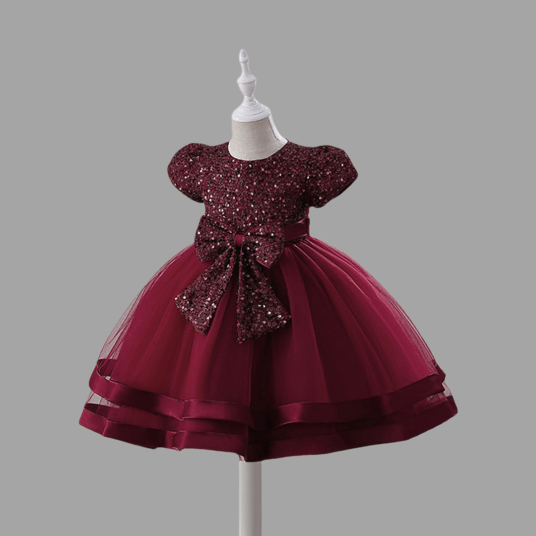 Girls Short Sleeve Sequin Bow Party Dress Party Dresses   