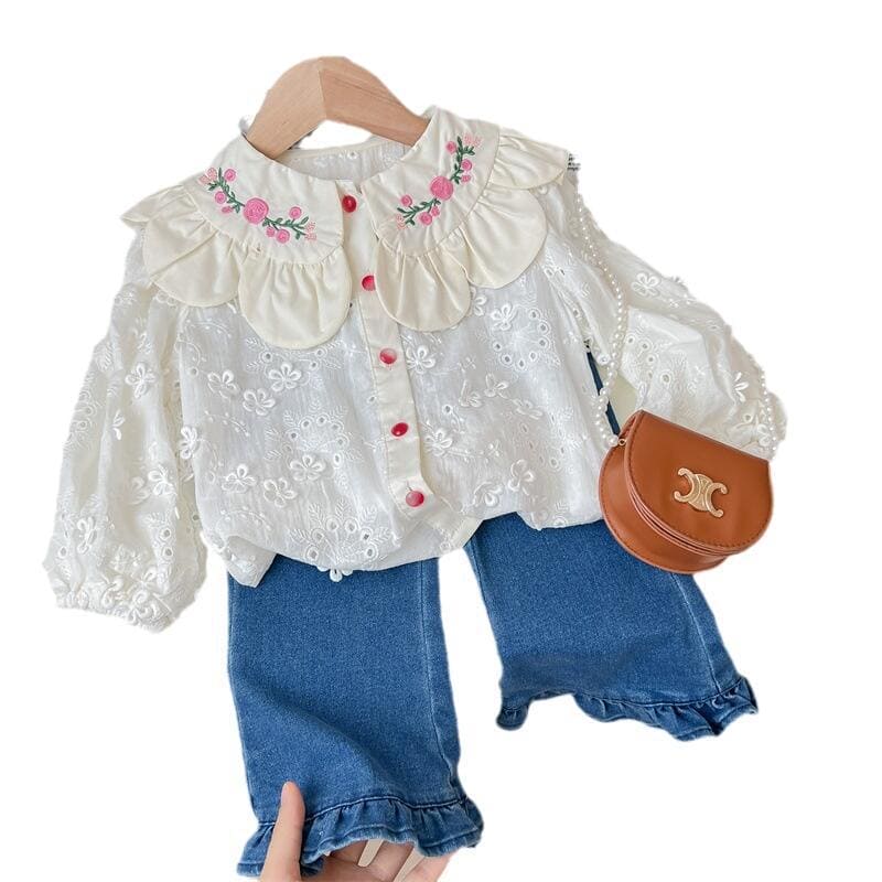 Girls Long Sleeve Floral Embroidery Top With Denim Pants