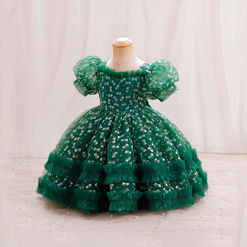 Girls Puff Sleeve Balloon Shape Printed Dress Party Dresses   